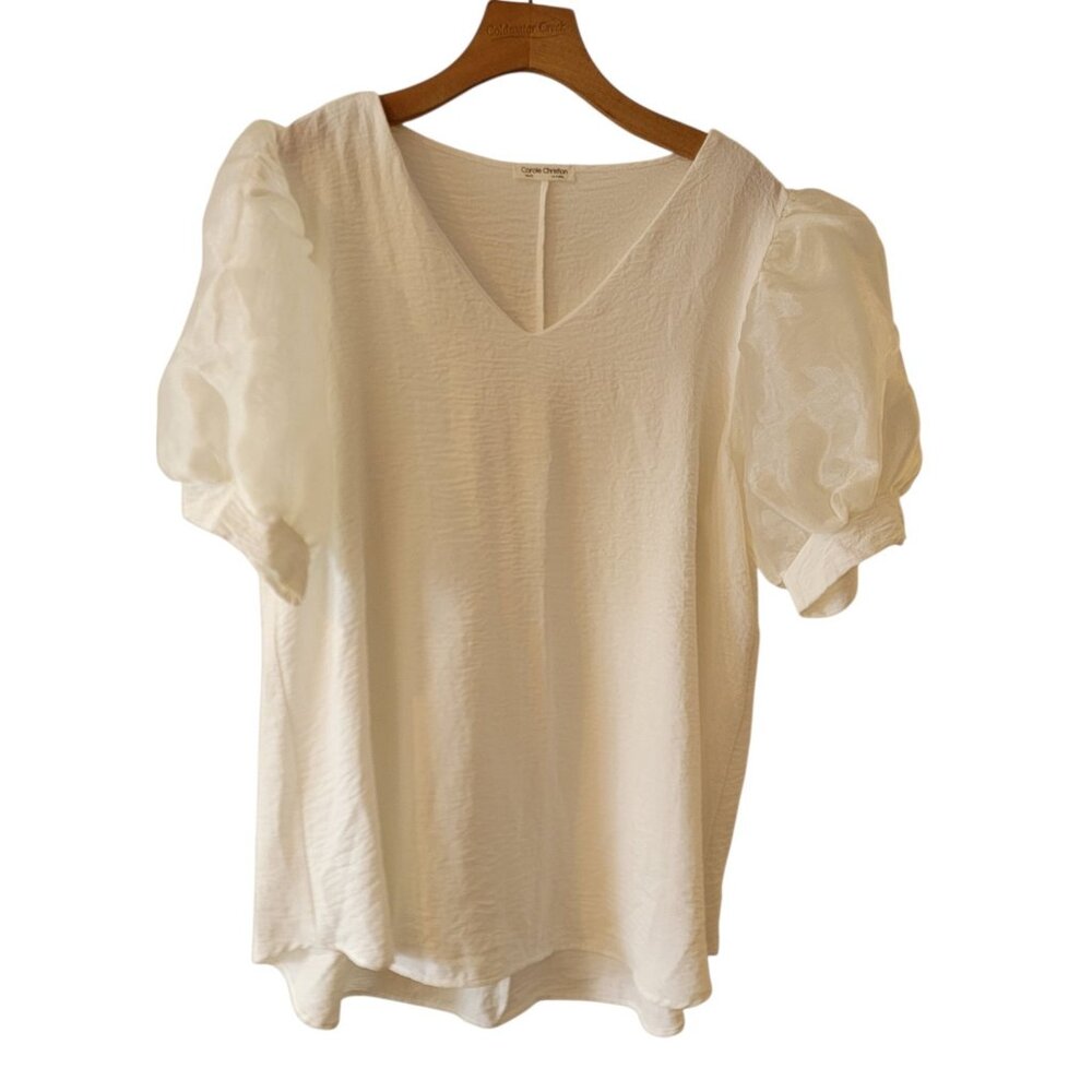 Carole Christian Top Women's XL  White Balloon Sleeve USA Made Classic‎ Whimsy